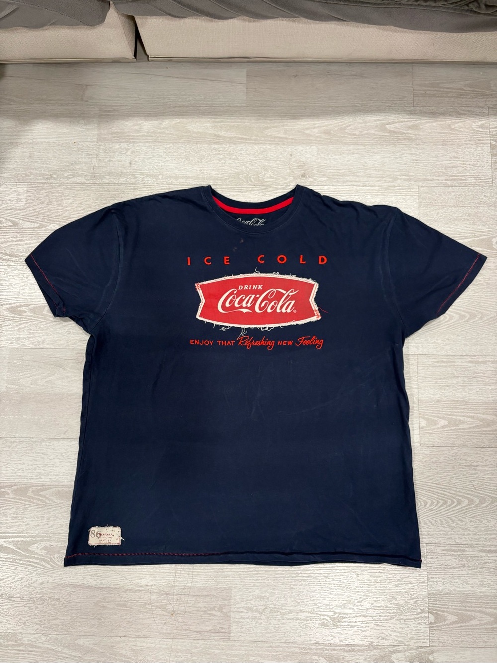 Coca Cola Mens Blue Navy Graphic Distressed T-Shirt with ice cold logo Size XXL